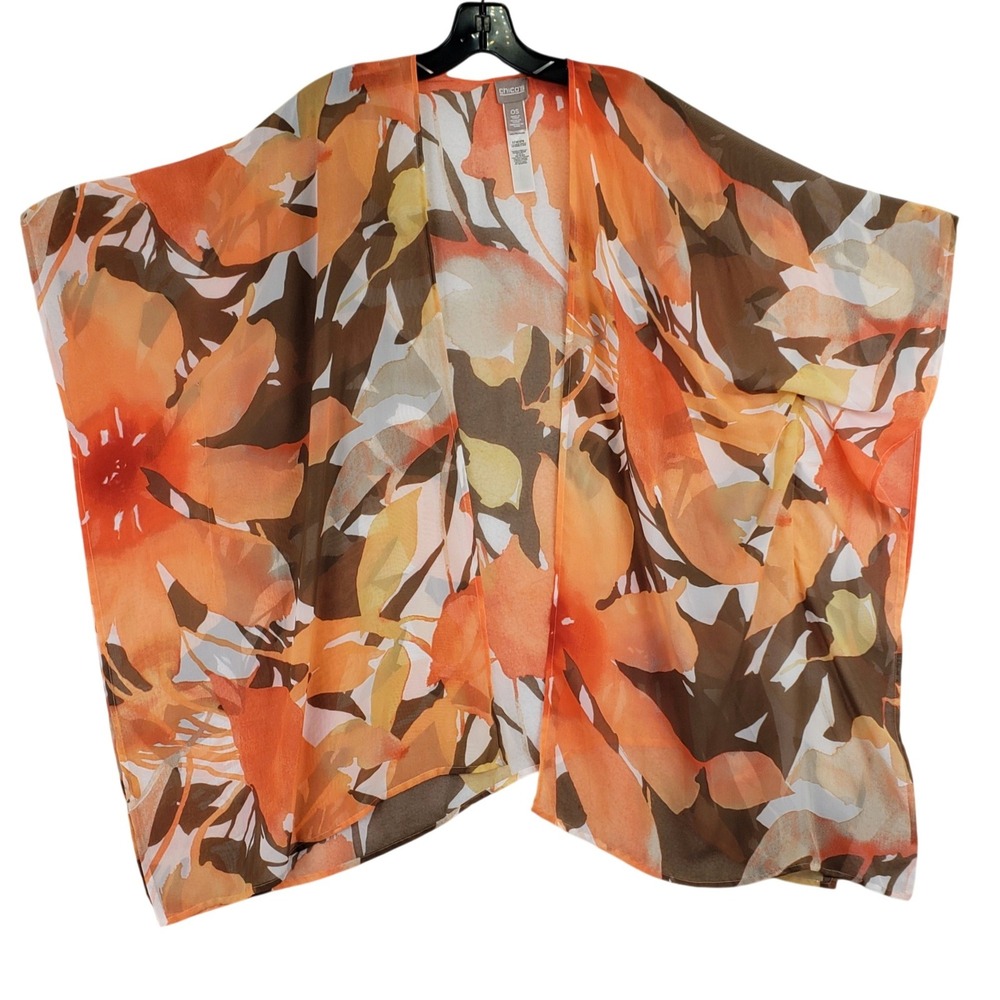 Chico's Floral Kimono Wrap Women OS Orange Boho Resortwear